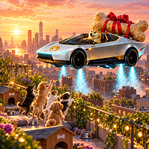 Flying Doge Roadster delivering a giant bone to rooftop pups at sunset