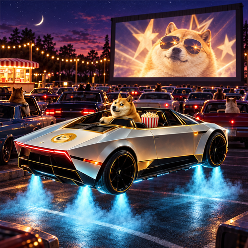 Doge at a nighttime drive-in premiere in the Flying Roadster with popcorn